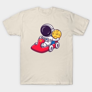 Cute Astronaut Riding Gokart With Holding Moon Cartoon T-Shirt